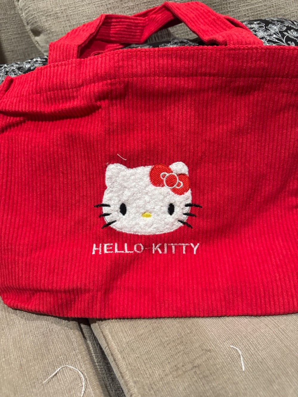 Hello Kitty Bright Red Embroidered Corduroy Tote